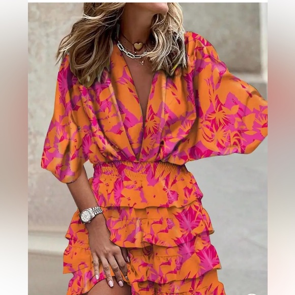 NWT Floral Pattern Vibrant Ruffle Mini‎ Dress - Picture 2 of 5